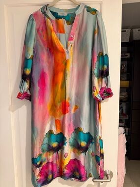 Vibrant Floral Watercolor Midi Dress - Multicolor